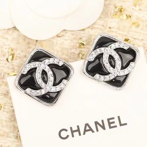 Chanel 2022 Black Square Cube Silver Earrings